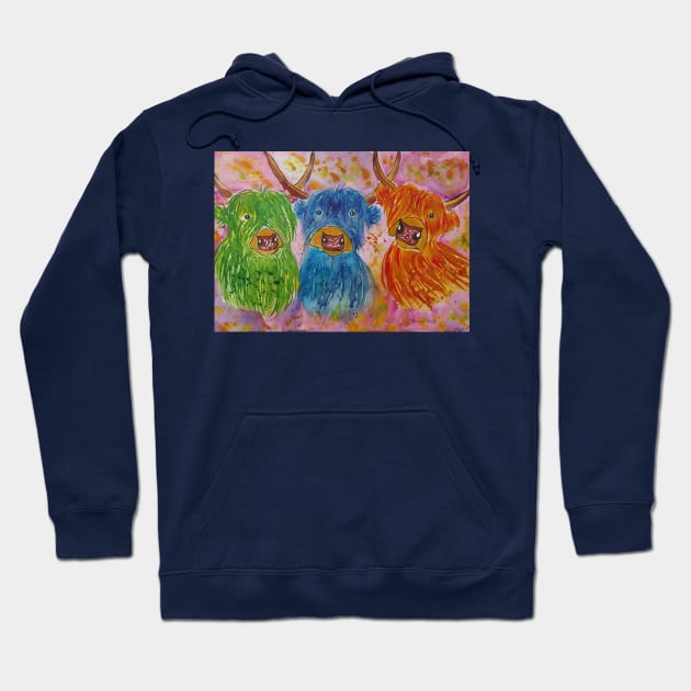 Colourful, Quirky Highland Cows Hoodie by Casimirasquirkyart